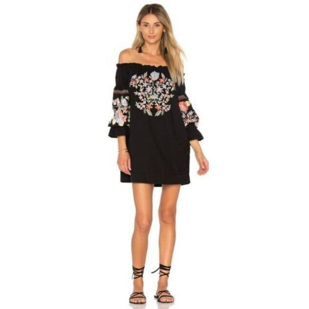 Free People Size S Fleur De Jour Mini Dress Off Shoulder Embroidered Boho Black